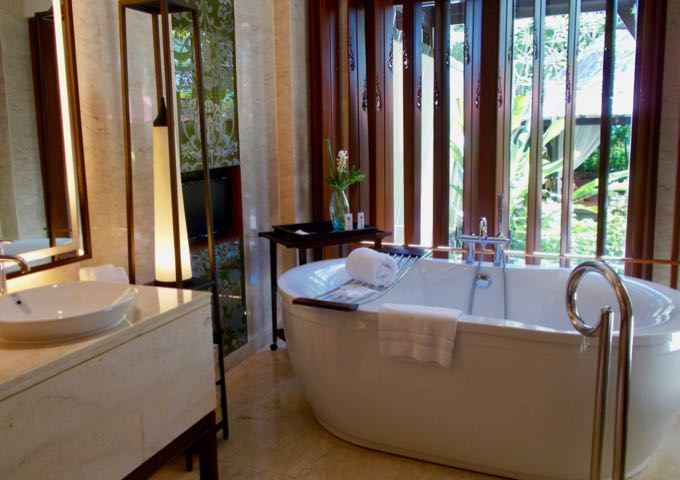 The spacious marble bathrooms in the suites are villas are impressive.