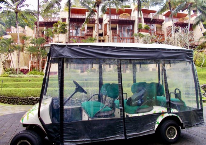 The vast resort requires buggies for room transfers.