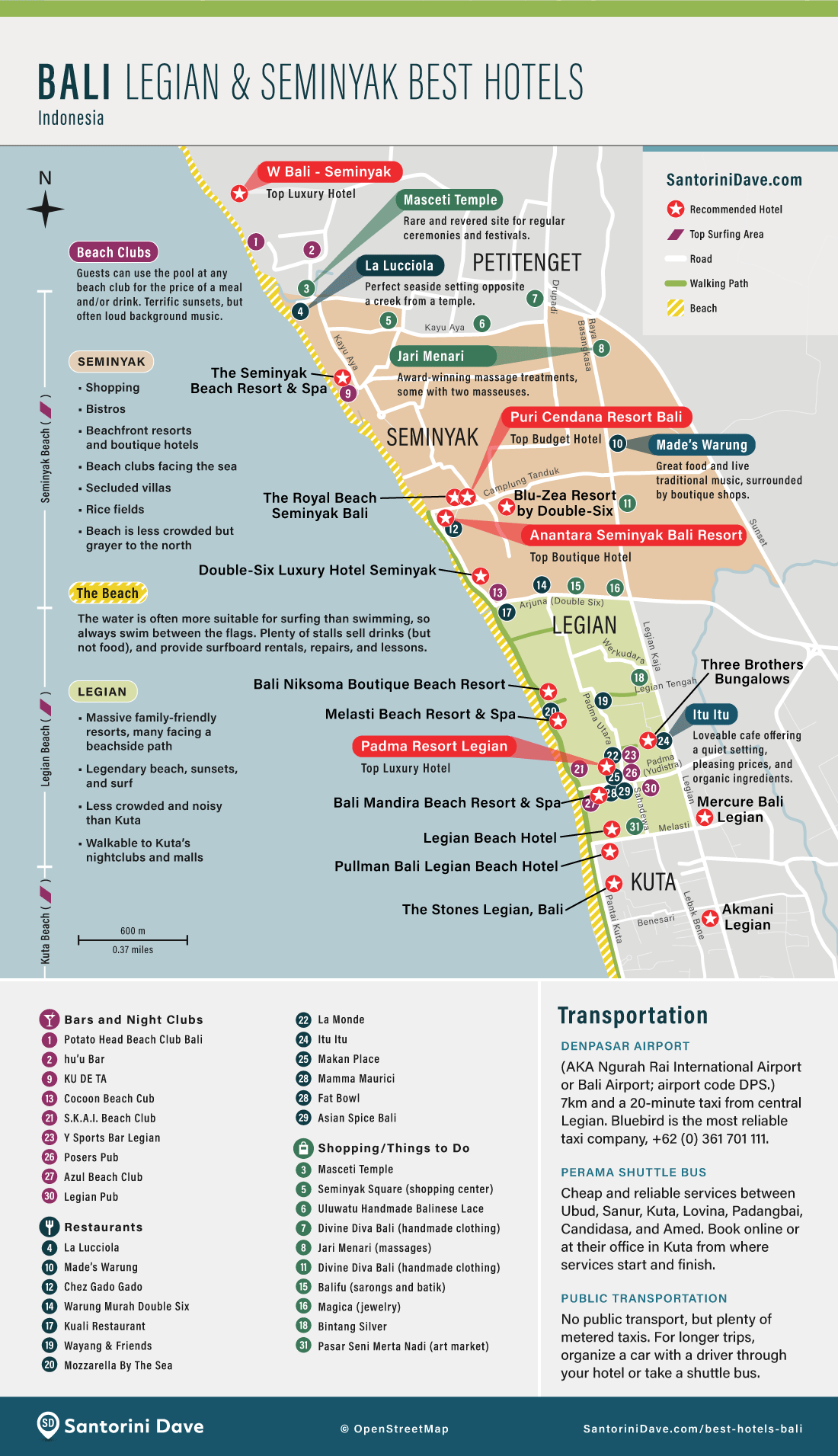 Map showing locations and descriptions of the best hotels in the Legian and Seminyak beach areas of Bali