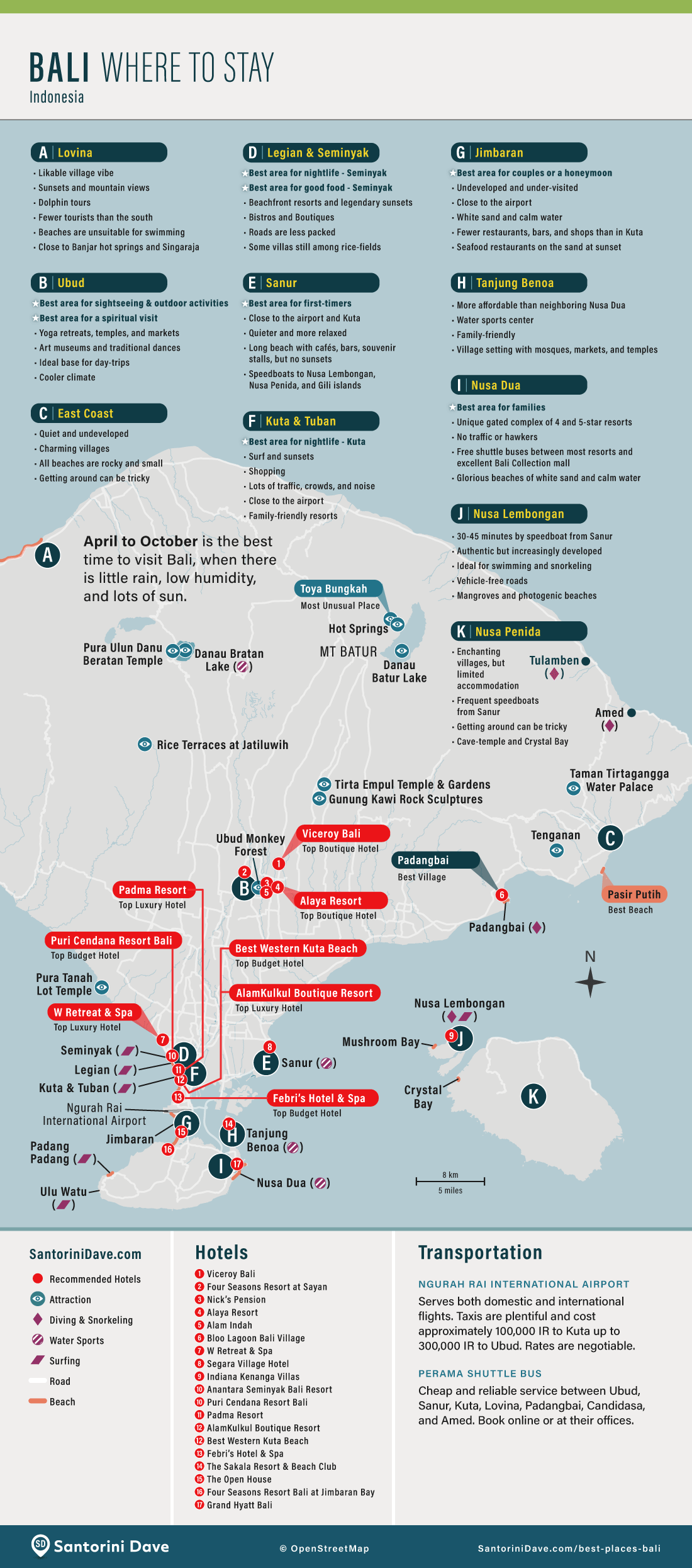 Map showing the best areas for travelers to stay in Bali, Indonesia.
