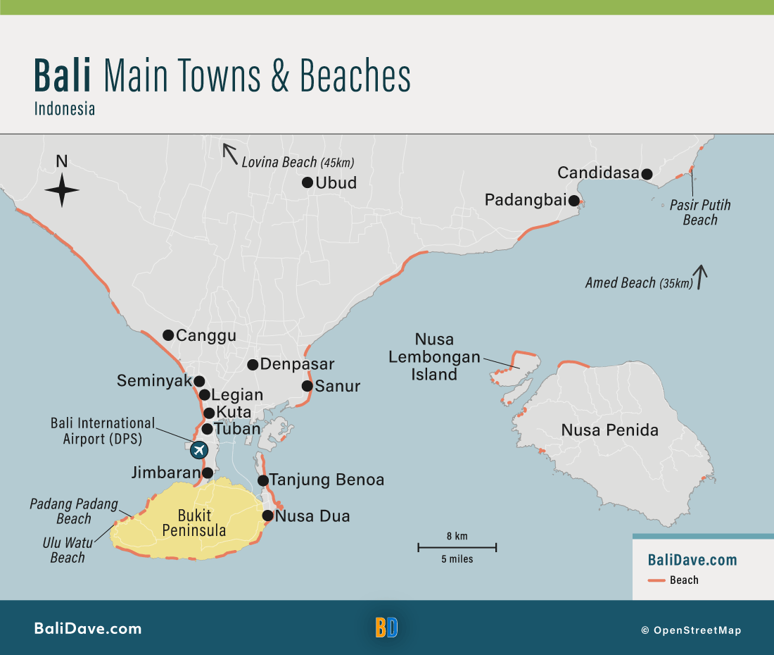 Map of best towns and beaches in Bali.