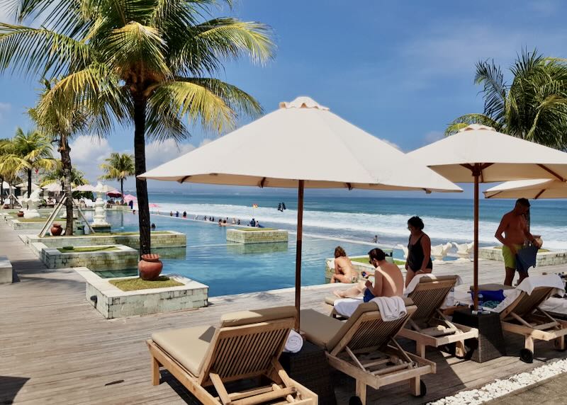 The infinity pool on the beach at Seminyak Beach Resort in Bali.