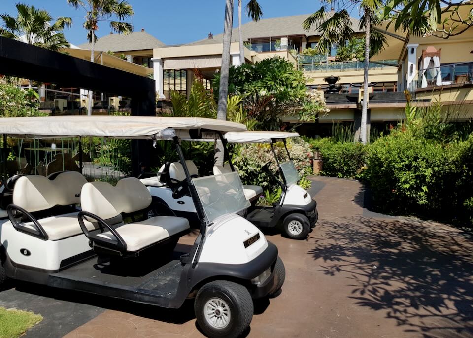 Two golf carts sit waiting to transport guests.
