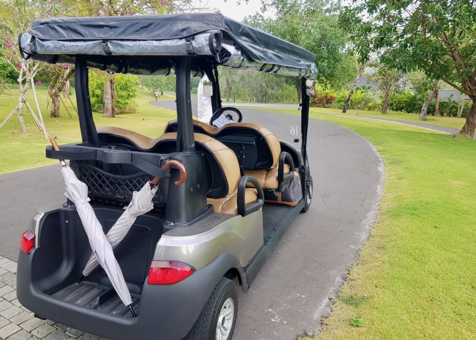 A golf cart waits for guests.