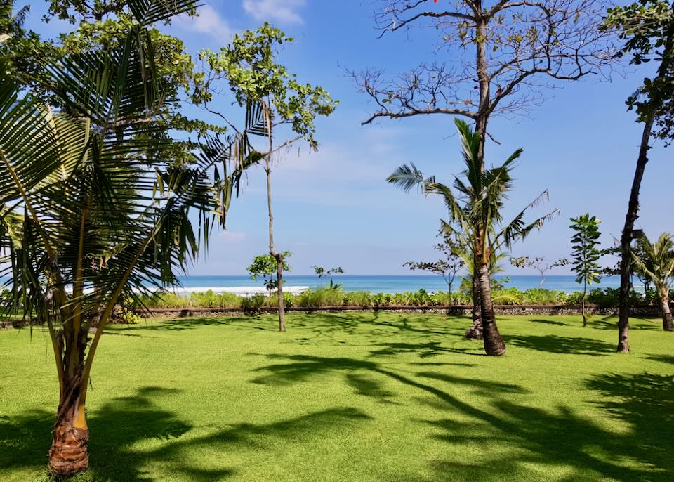 A large green lawn next to the beach.