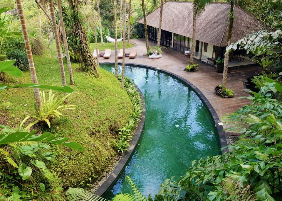 A curved pool sits by a curved wood deck.