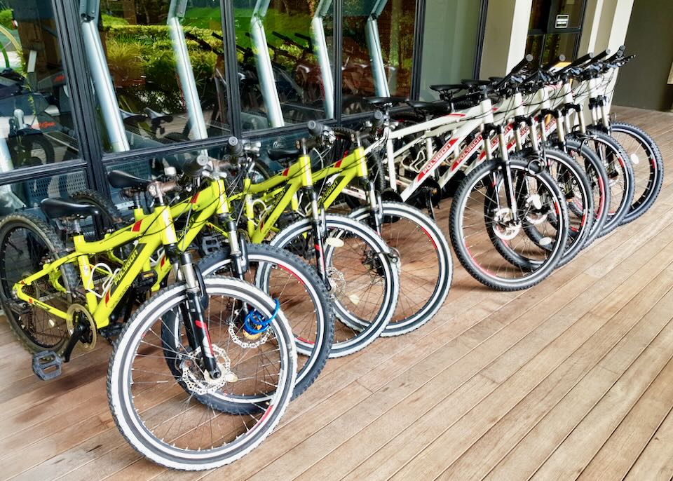 A row of parked bikes.