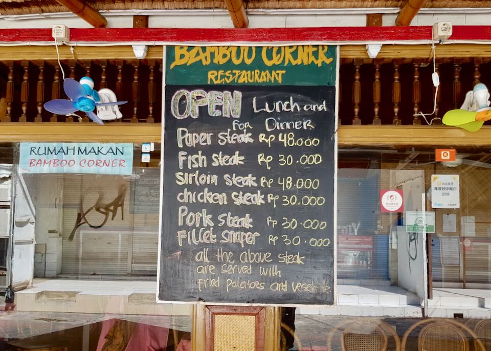 A chalkboard menu at Bamboo Corner Restaurant