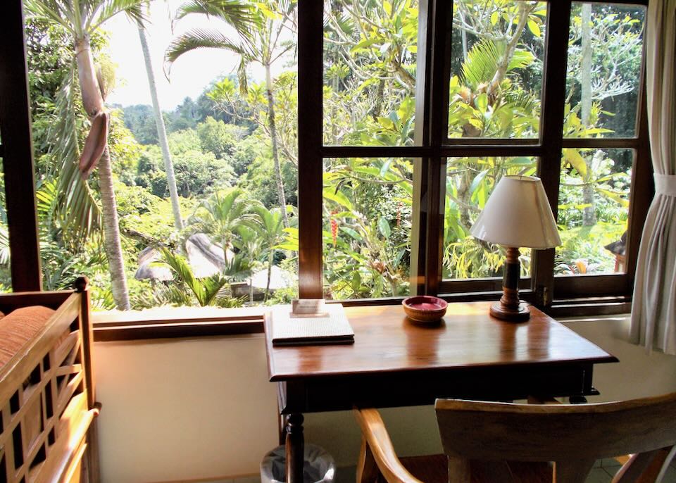 A desk with a view of the jungle.