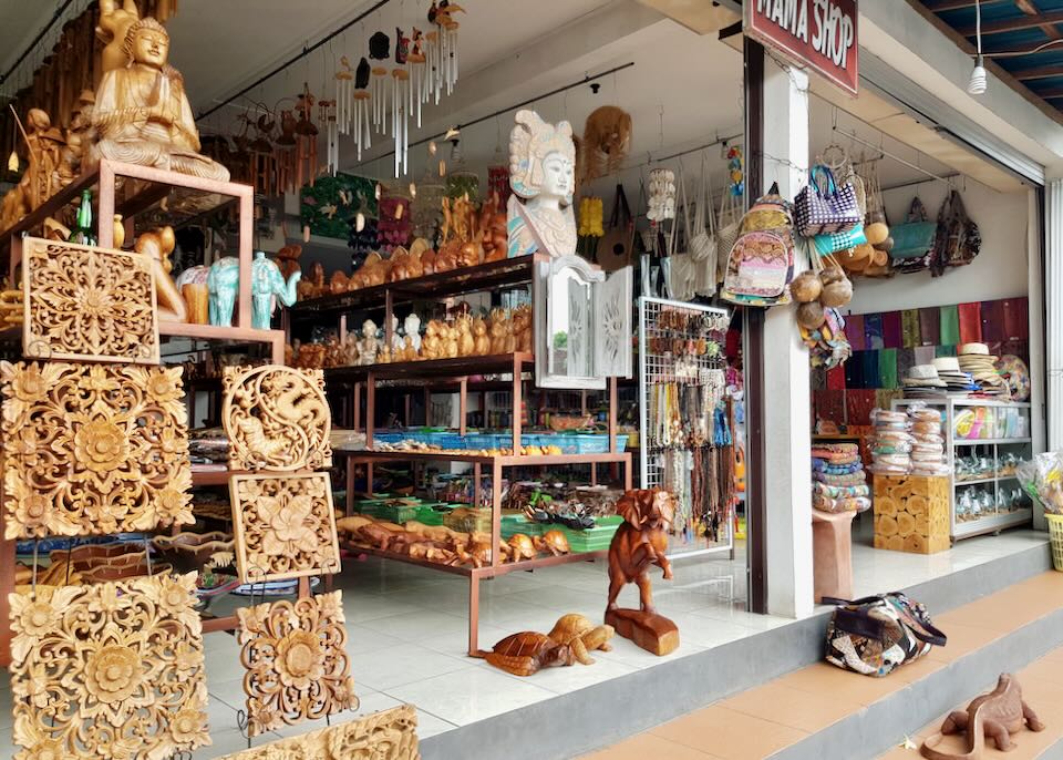 An open souvenir shop with lots of trinkets.