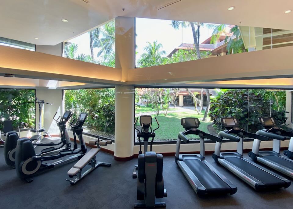 Treadmills and stationary bikes sit in front of windows facing a garden.