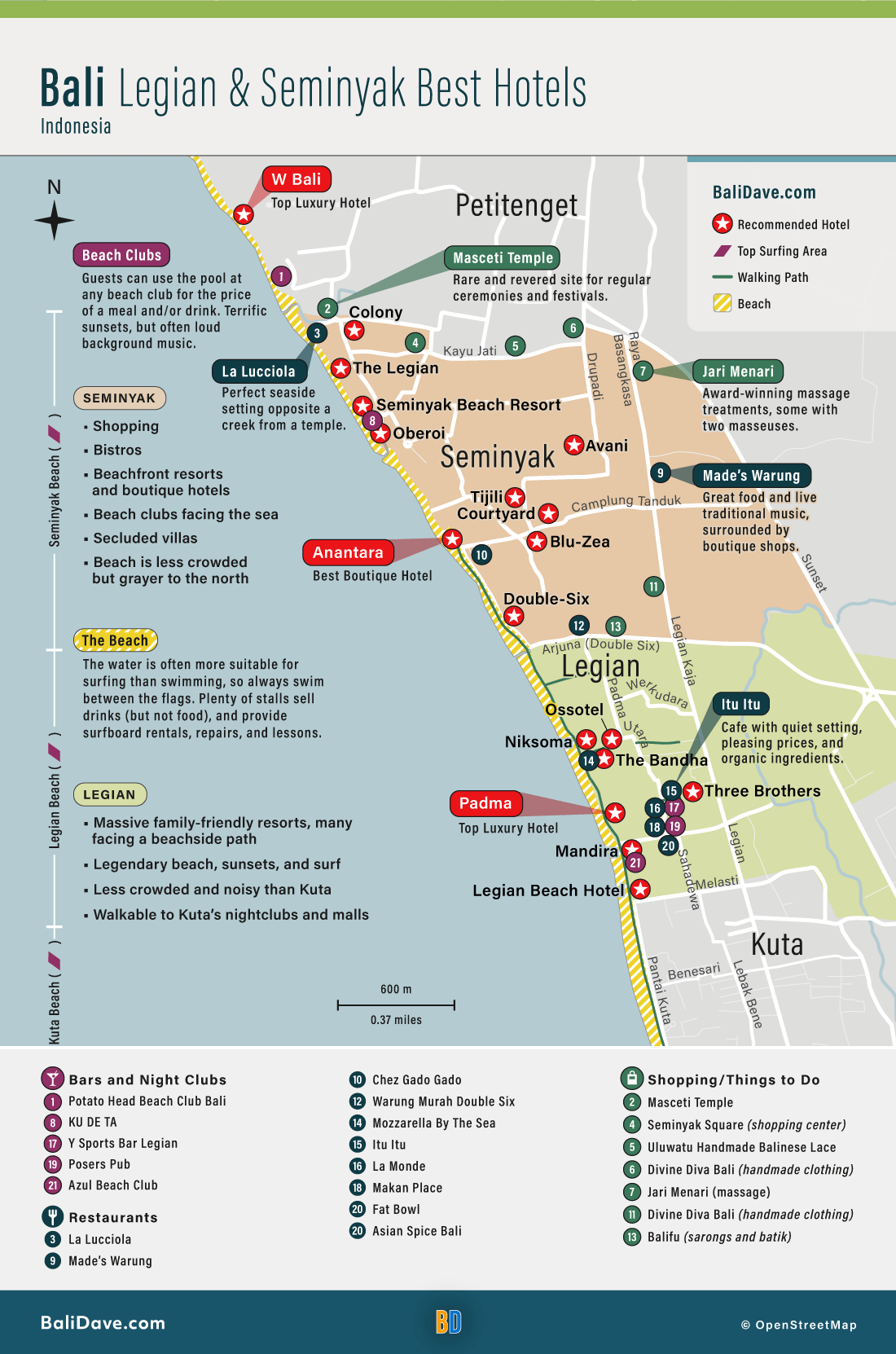 Map of the best hotels and things to do in Legian and Seminyak Bali.