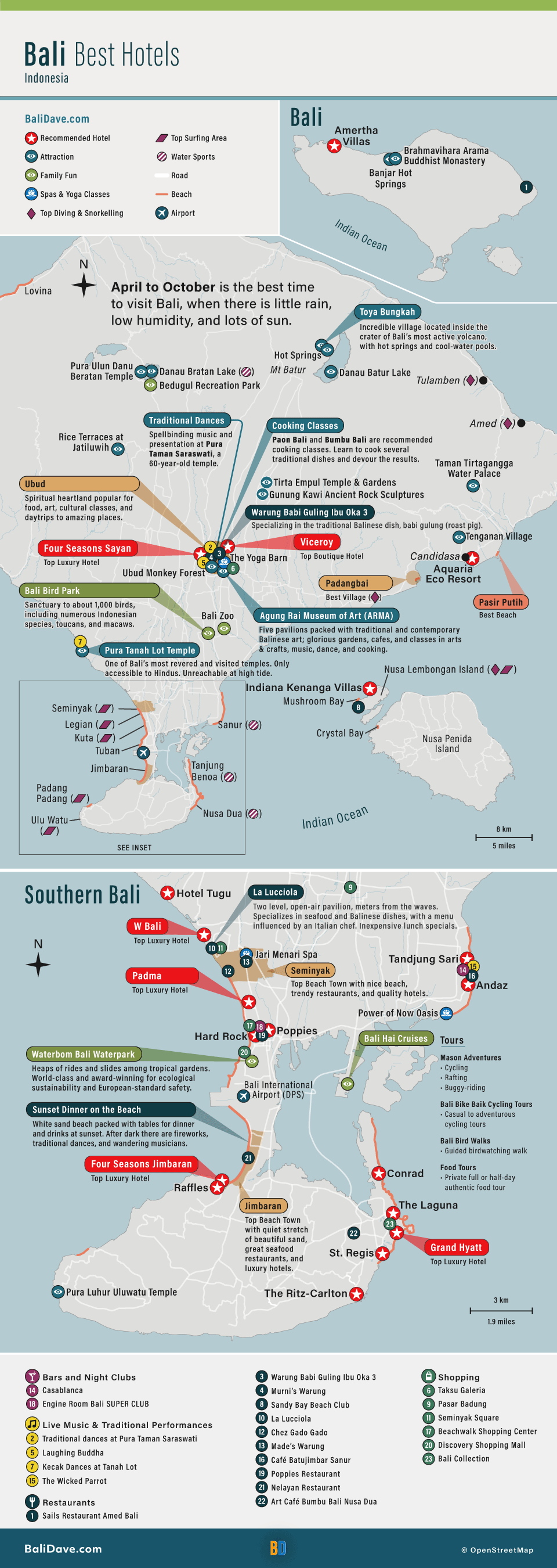 Map showing the best hotels in Bali