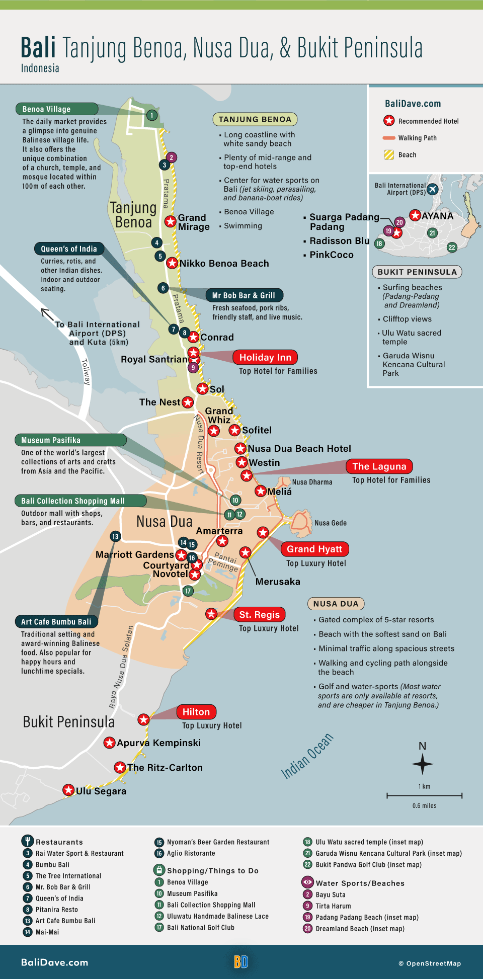 Map of the best hotels in Bali's Bukt peninsula, Nusa Dua, and Tanjung Benoa