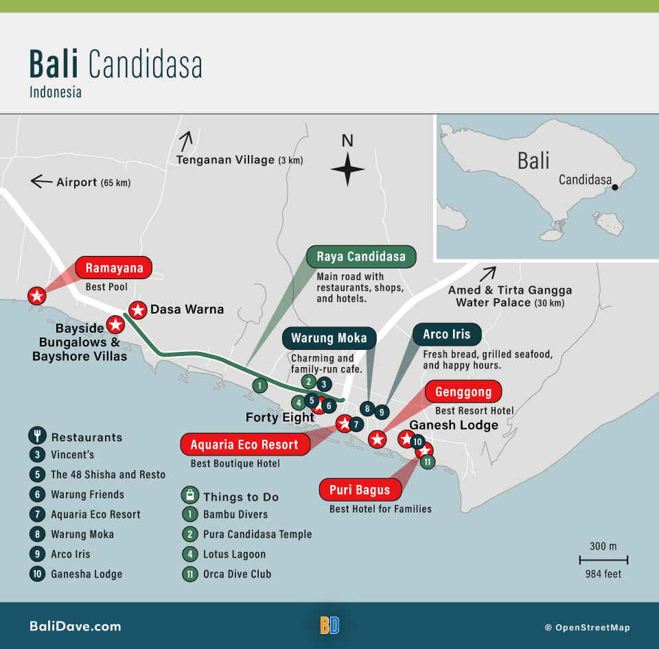 Map of the best hotels, restaurants, and things to do in Candidasa Bali.
