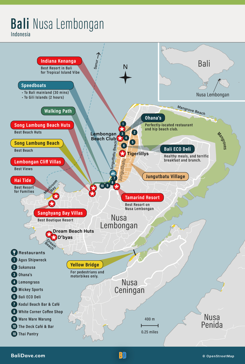 Map of the best hotels, restaurants, and things to do on Nusa Lembongan Bali.
