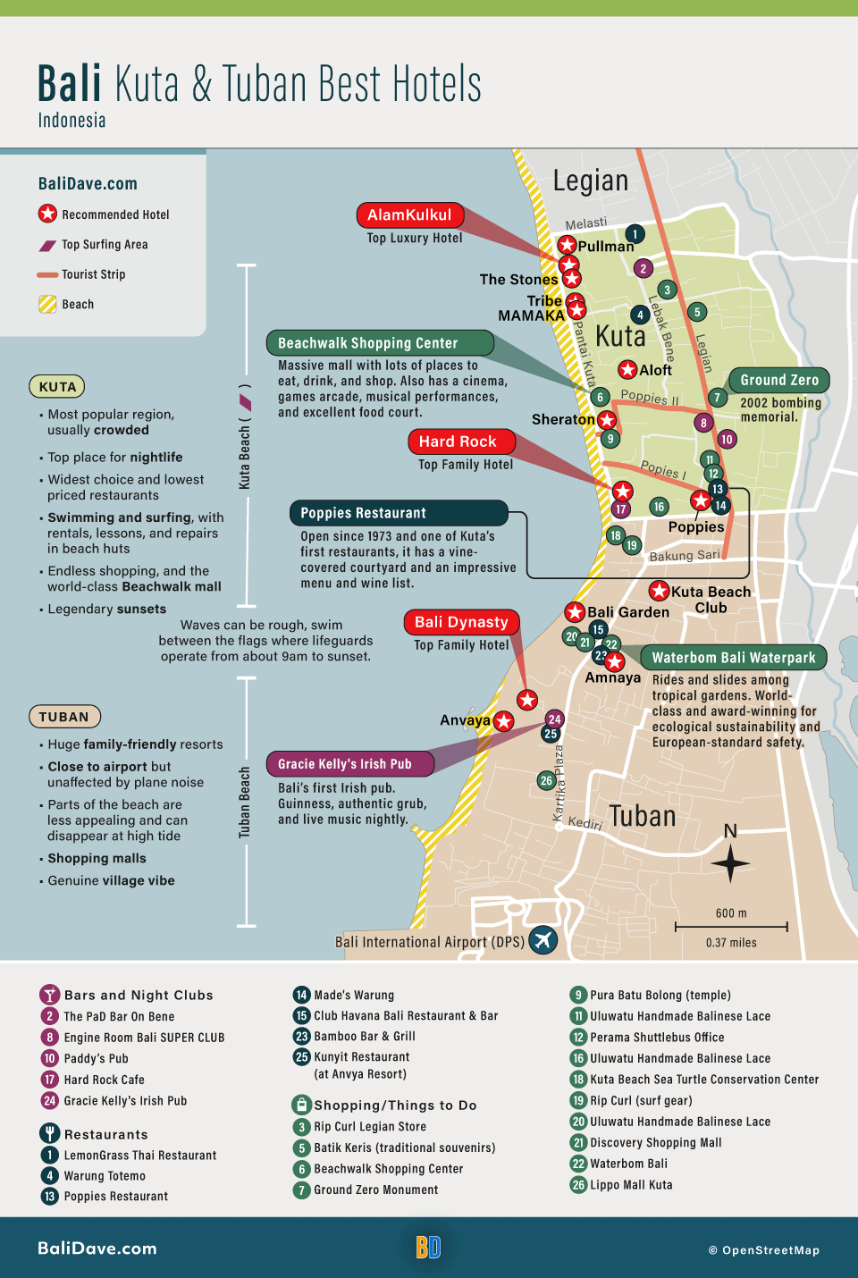 Map of the best hotels and things to do in Kuta and Tuban Bali.