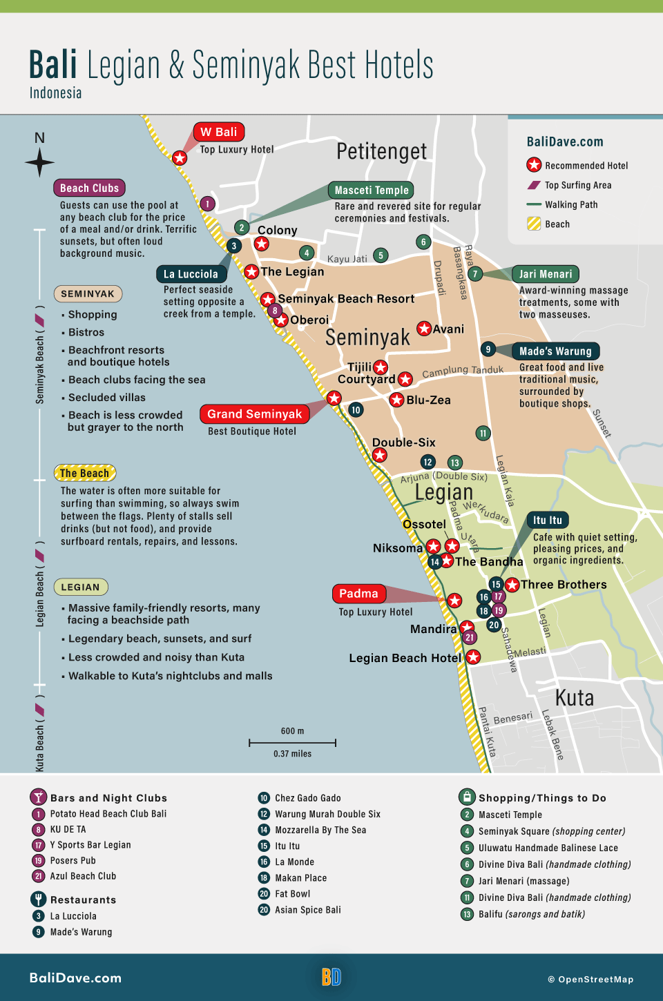 Map of the best hotels and things to do in Legian and Seminyak Bali.